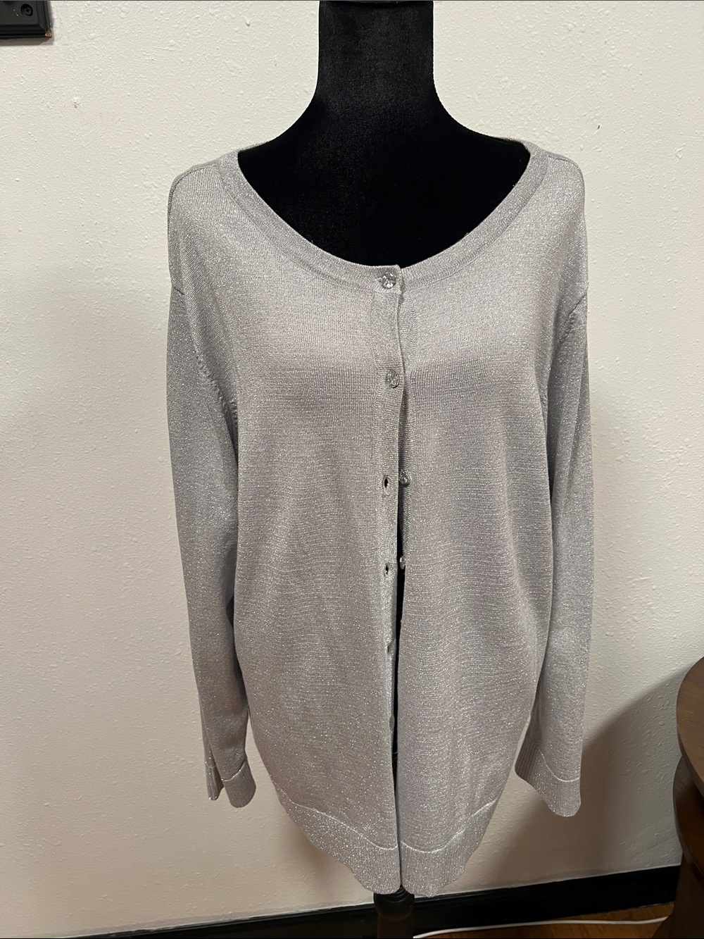 CJ Banks Silver-Gray Shimmer Button Cardigan